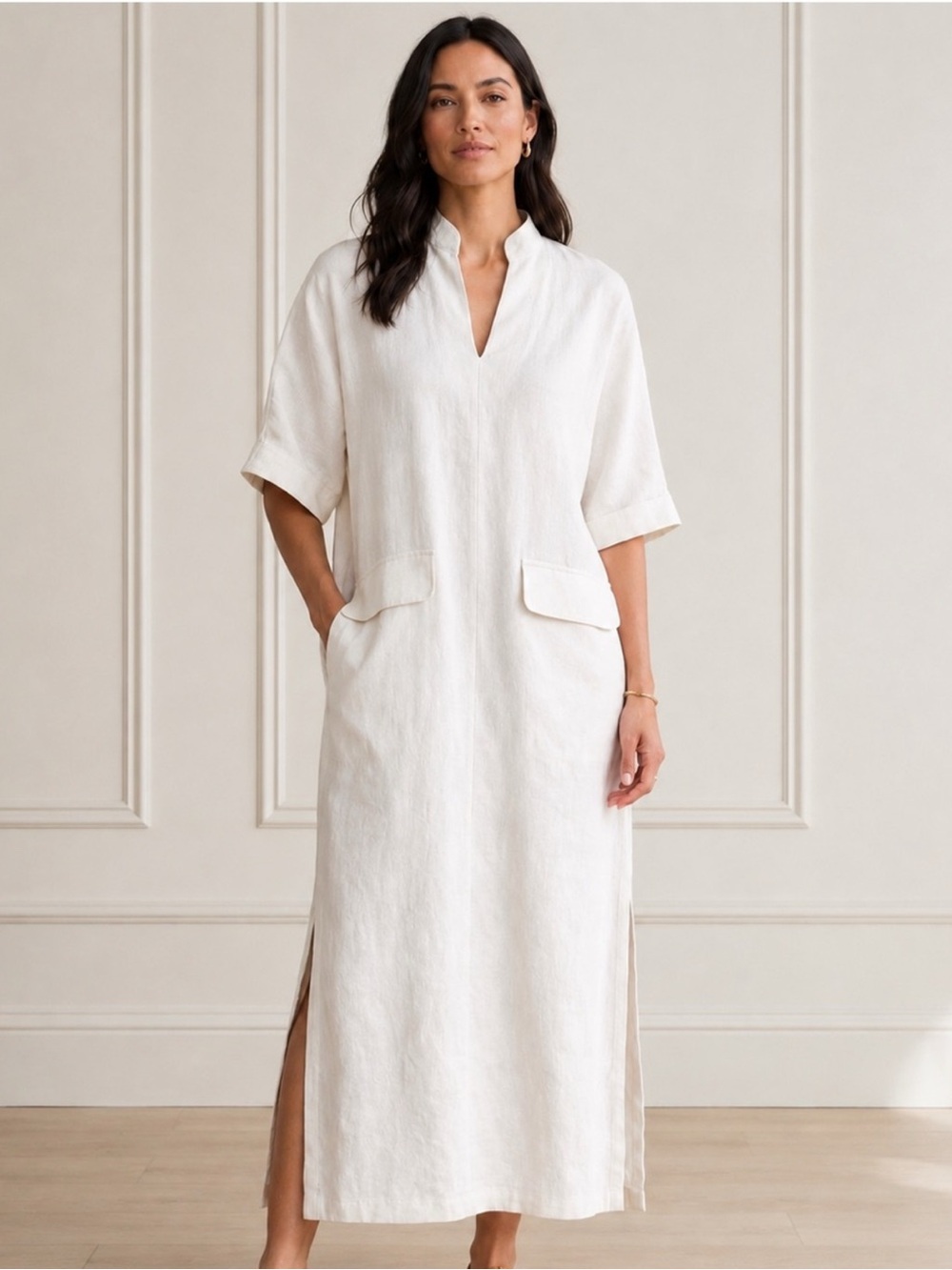 Soft Surroundings White V-Neck 100 percent Linen Midi Dress with Flap Pockets